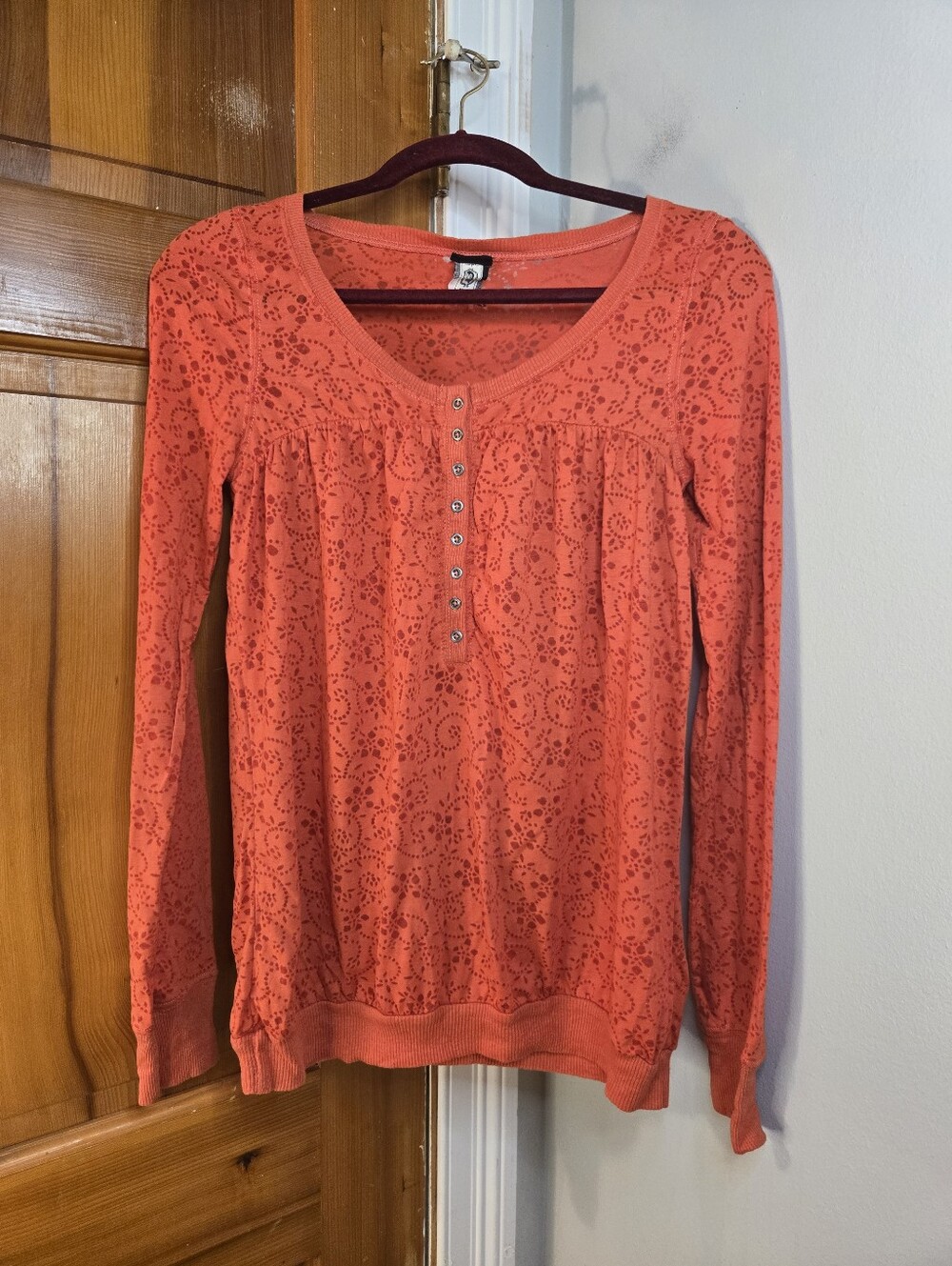 Free People Coral Lace Henley Long-Sleeve Top